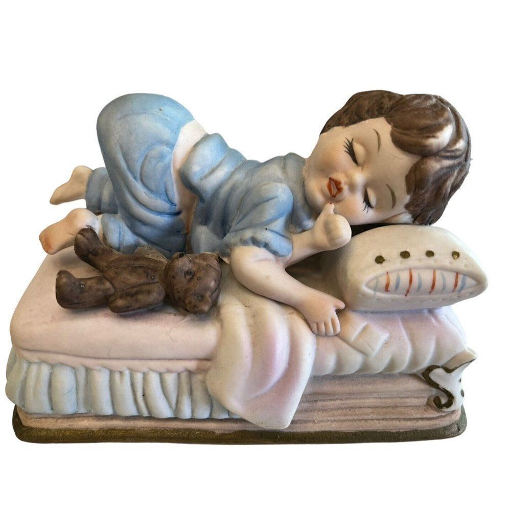 Little Girl Sleeping Sucking Thumb Bed Brown Hair W Teddy Bear Figure Porcelain